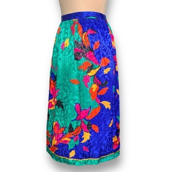 Vintage 90s Skirt Pleated Blue Green Reflective Abstract Leaf Print Midi Spring - Picture 2 of 9